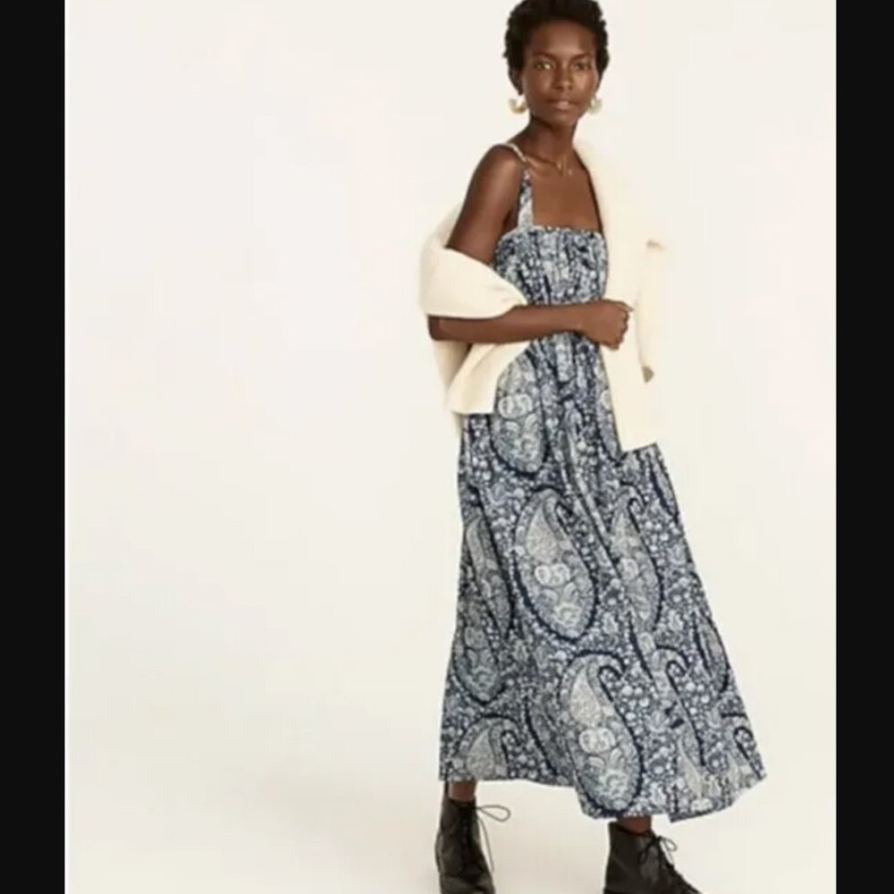 J.Crew Gathered Cotton Poplin Dress In Oversized Paisley-Blue NWT